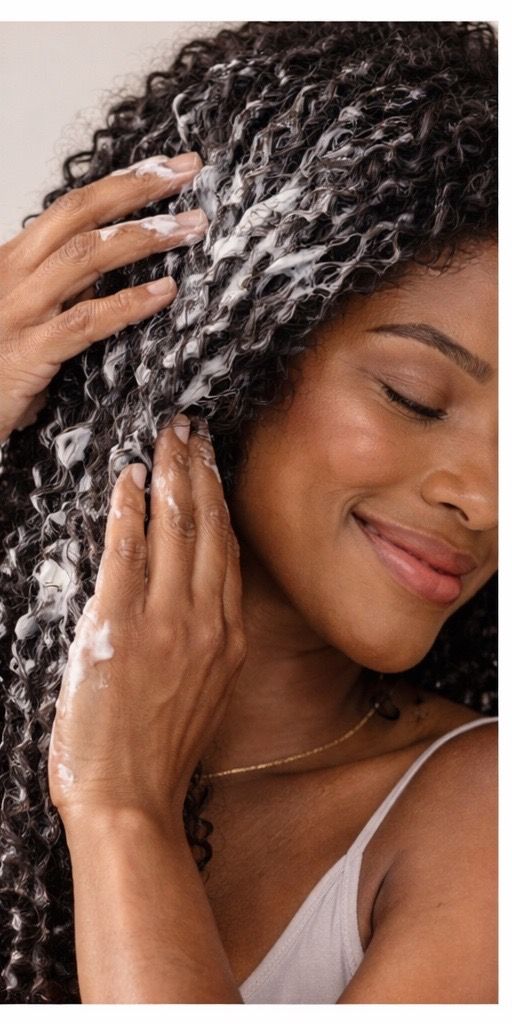 Cabelos sendo lavados com espuma de shampoo